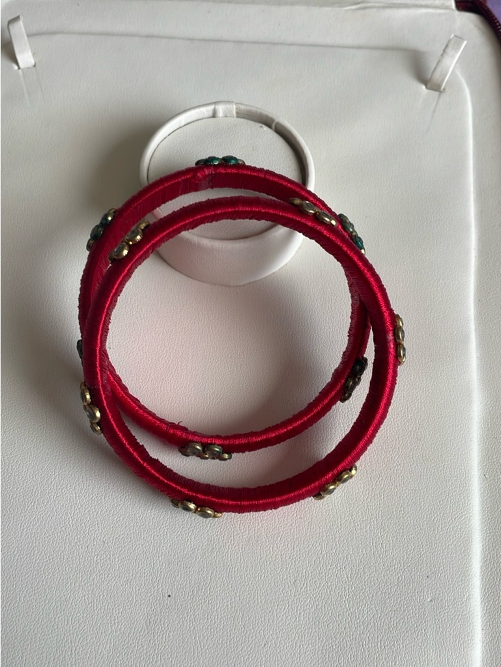 Red Fabric Wrapped Bangle Set - Women's Jewelry
